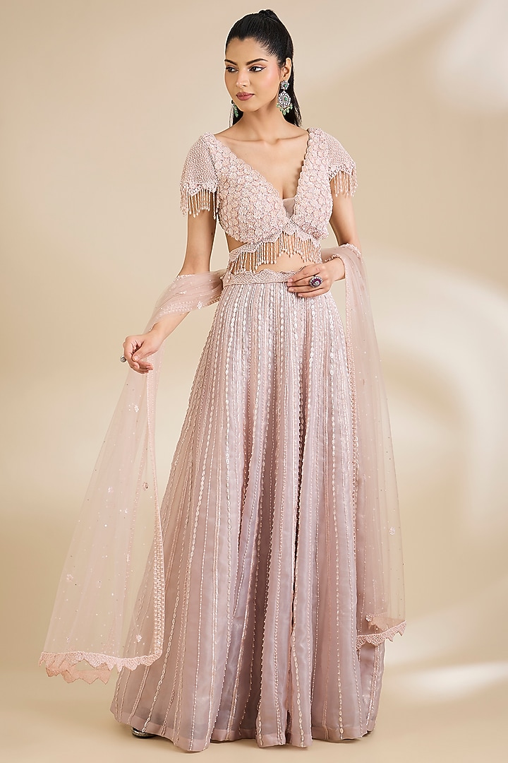 Peach Organza & Net Sequins Embellished Wedding Lehenga Set by Chaashni by Maansi and Ketan at Pernia's Pop Up Shop