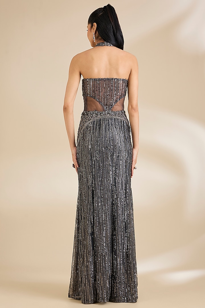Grey Net Sequins Embellished Engagement Gown by Chaashni by Maansi and Ketan at Pernia's Pop Up Shop