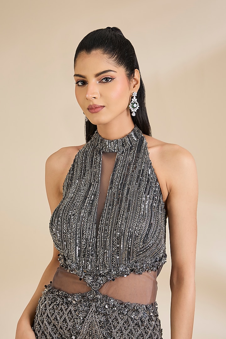 Grey Net Sequins Embellished Engagement Gown by Chaashni by Maansi and Ketan at Pernia's Pop Up Shop