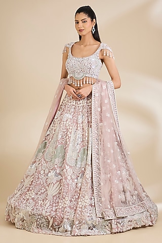Pink Net Sequins Embellished Lehenga Set by Chaashni by Maansi and Ketan