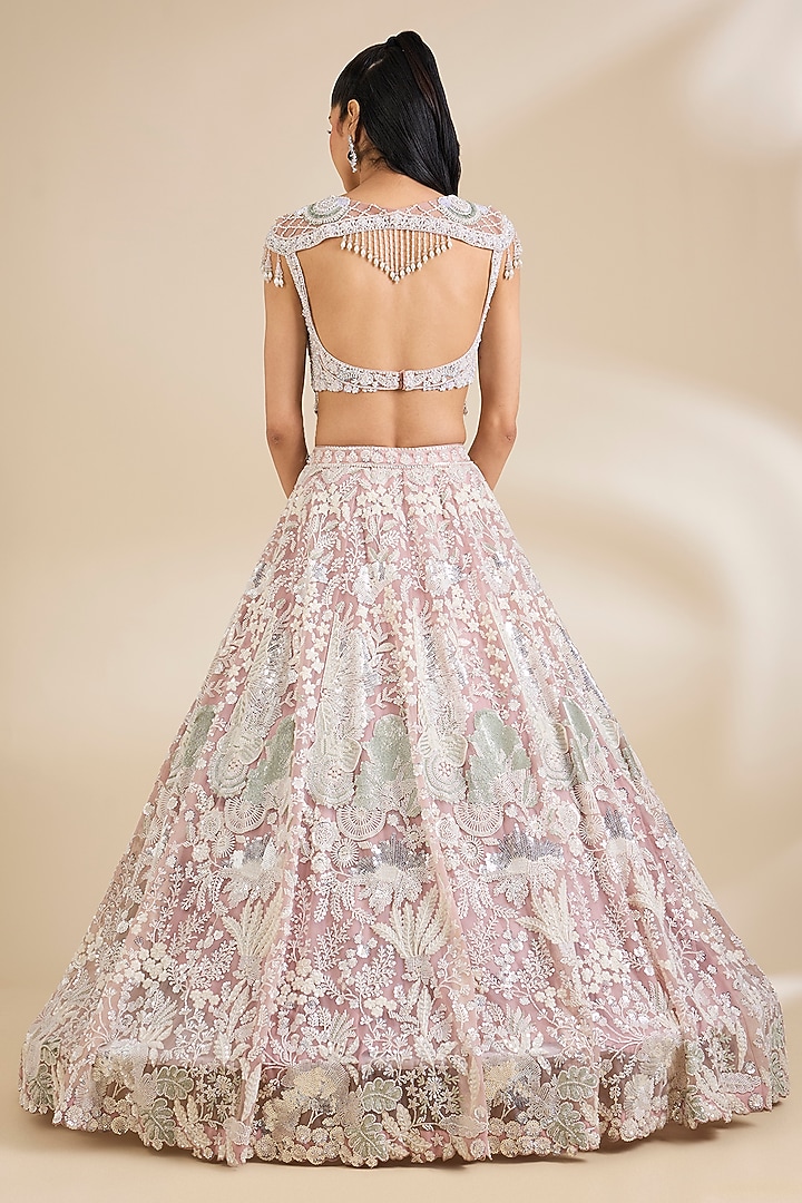Pink Net Sequins Embellished Wedding Lehenga Set by Chaashni by Maansi and Ketan at Pernia's Pop Up Shop