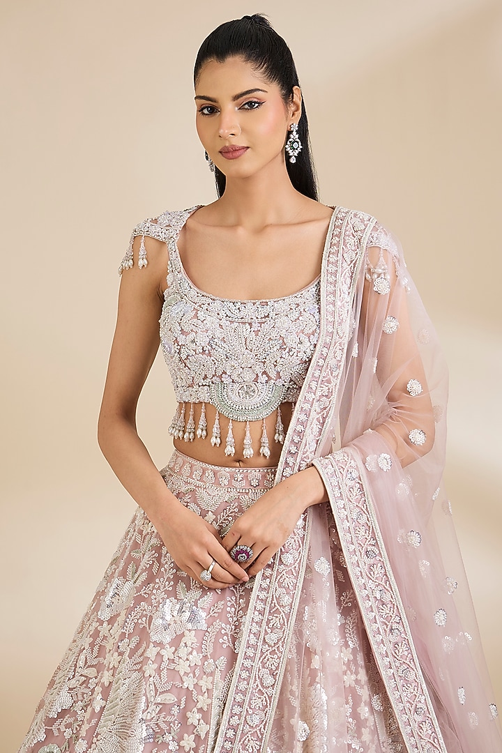 Pink Net Sequins Embellished Wedding Lehenga Set by Chaashni by Maansi and Ketan at Pernia's Pop Up Shop
