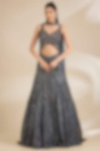 Teal Blue Net Sequins Embellished Engagement Gown With Dupatta by Chaashni by Maansi and Ketan at Pernia's Pop Up Shop