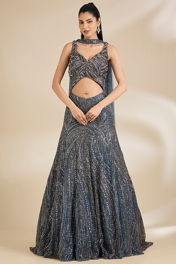 Teal Blue Net Sequins Embellished Engagement Gown With Dupatta by Chaashni by Maansi and Ketan at Pernia's Pop Up Shop