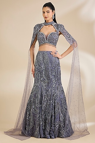 Grey Organza Embellished Lehenga Set by Chaashni by Maansi and Ketan