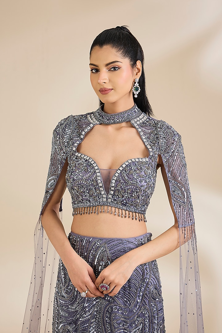 Grey Organza Embellished Bridal Lehenga Set by Chaashni by Maansi and Ketan at Pernia's Pop Up Shop