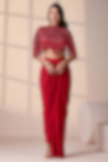 Red Net & Lycra Sequins Embellished Cape Set by Chaashni by Maansi and Ketan at Pernia's Pop Up Shop