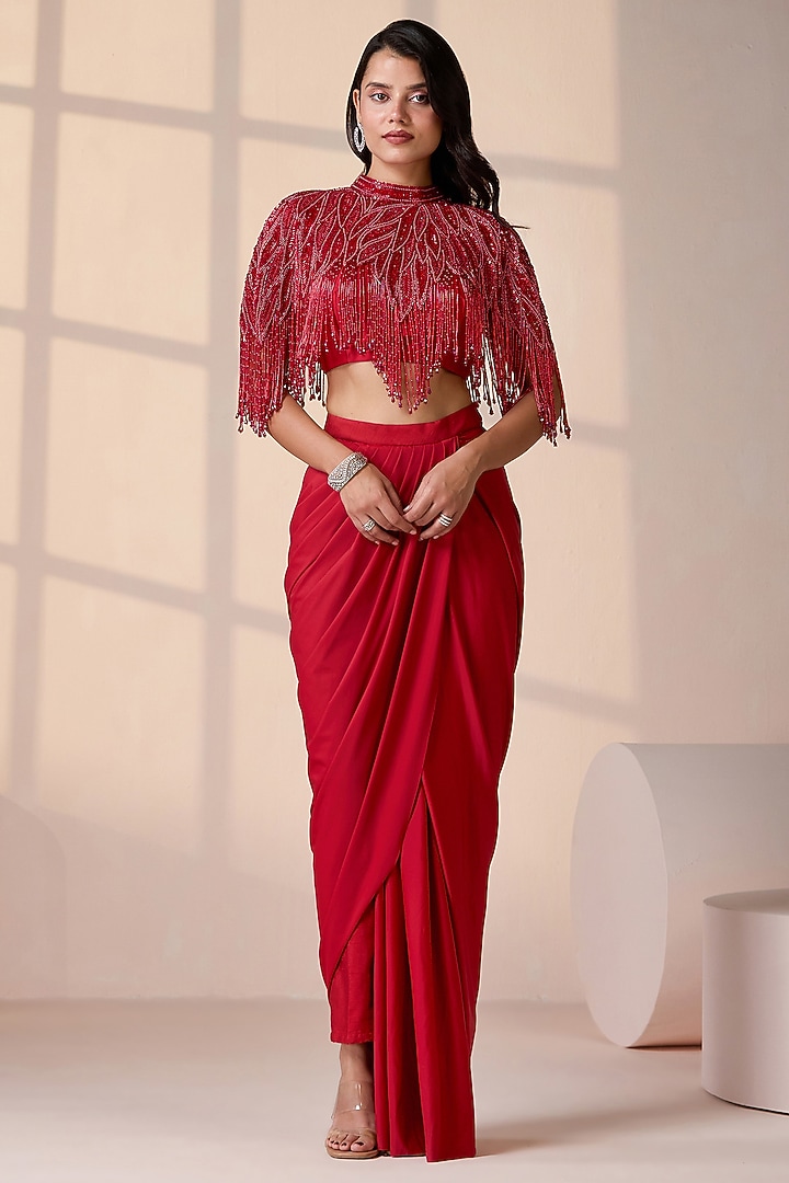 Red Net & Lycra Sequins Embellished Cape Set by Chaashni by Maansi and Ketan at Pernia's Pop Up Shop