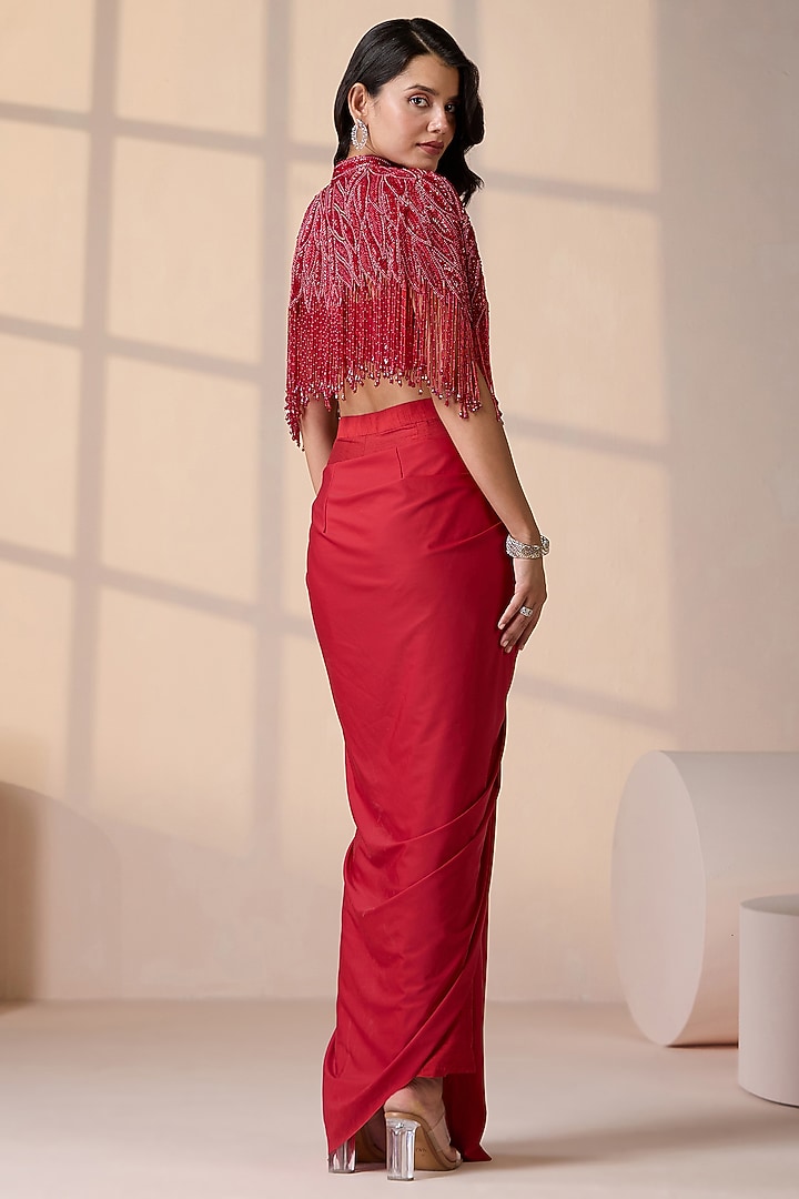 Red Net & Lycra Sequins Embellished Cape Set by Chaashni by Maansi and Ketan at Pernia's Pop Up Shop