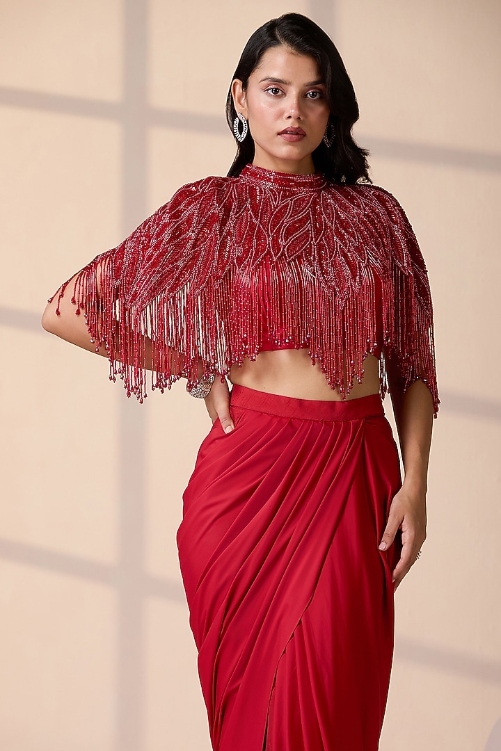 Red Net & Lycra Sequins Embellished Cape Set by Chaashni by Maansi and Ketan at Pernia's Pop Up Shop