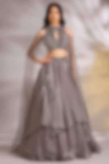 Champagne Organza Embellished Wedding Lehenga Set by Chaashni by Maansi and Ketan at Pernia's Pop Up Shop