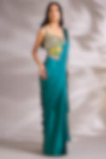 Blue Satin Embellished Pre-Stitched Wedding Saree Set by Chaashni by Maansi and Ketan at Pernia's Pop Up Shop