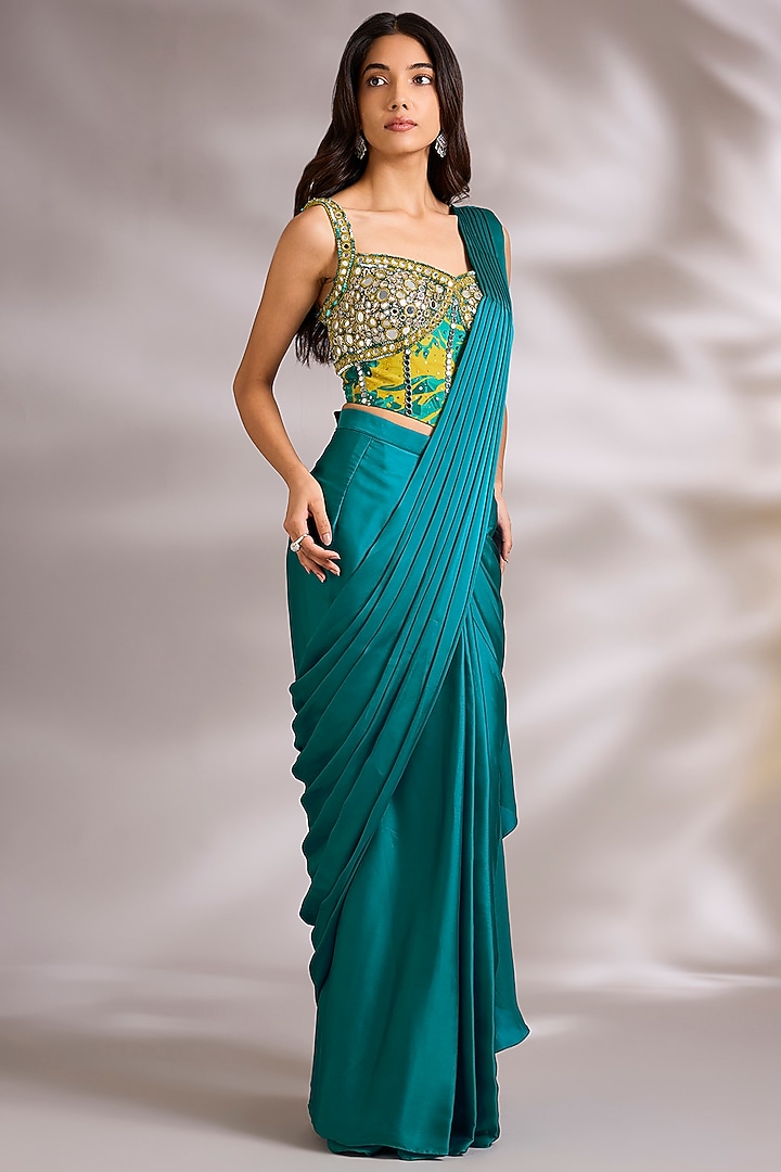 Blue Satin Embellished Pre-Stitched Wedding Saree Set by Chaashni by Maansi and Ketan at Pernia's Pop Up Shop