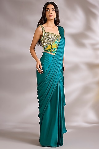 Blue Satin Embellished Pre-Stitched Saree Set by Chaashni by Maansi and Ketan