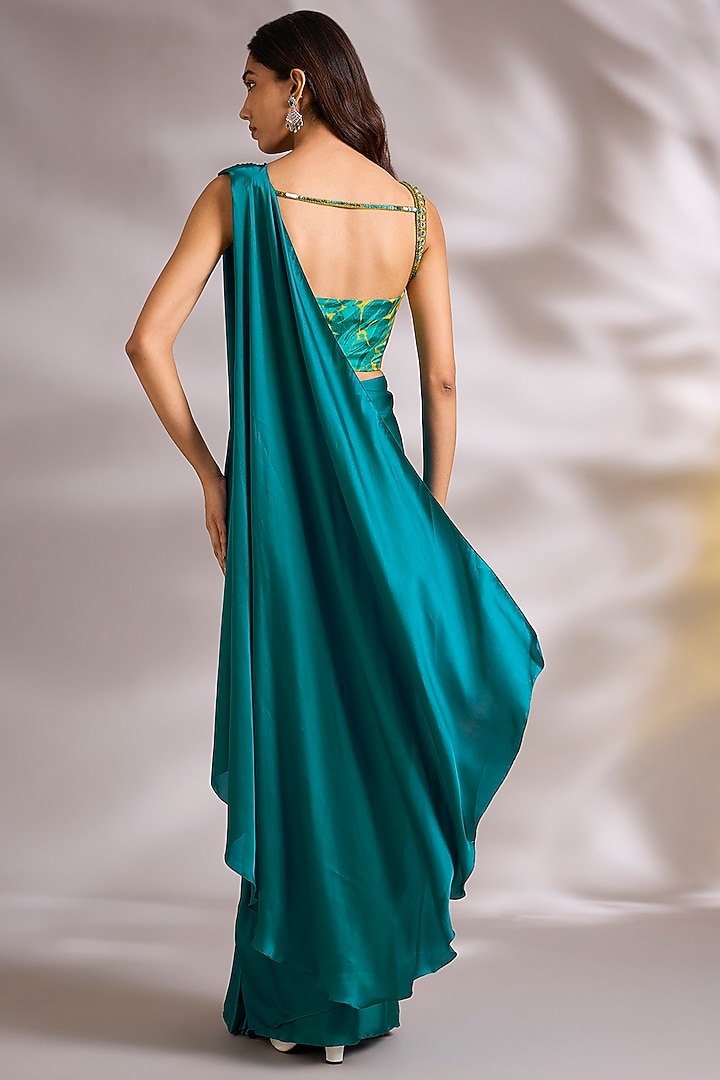 Blue Satin Embellished Pre-Stitched Wedding Saree Set by Chaashni by Maansi and Ketan at Pernia's Pop Up Shop