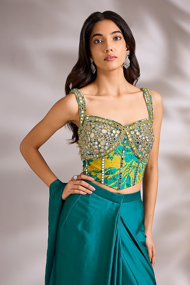 Blue Satin Embellished Pre-Stitched Wedding Saree Set by Chaashni by Maansi and Ketan at Pernia's Pop Up Shop