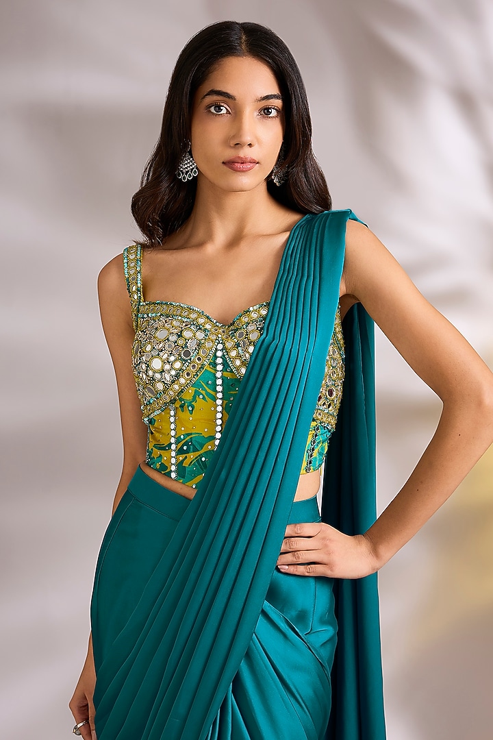 Blue Satin Embellished Pre-Stitched Wedding Saree Set by Chaashni by Maansi and Ketan at Pernia's Pop Up Shop