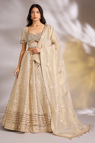 Golden Banarasi Chanderi Silk Embroidered Lehenga Set by Chaashni by Maansi and Ketan