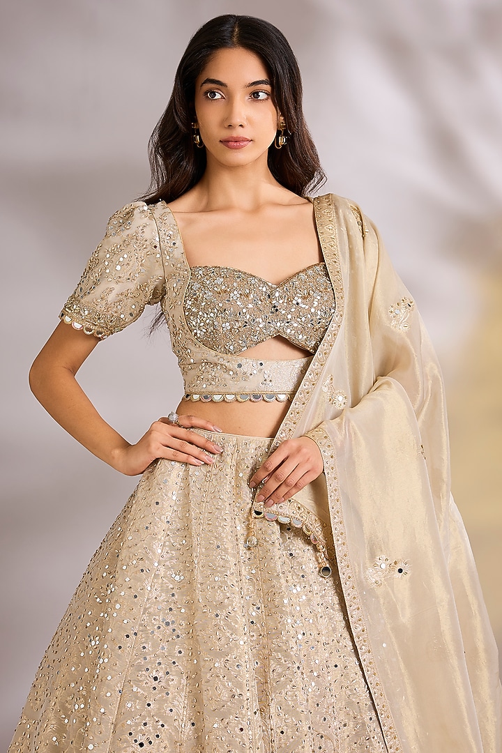 Golden Banarasi Chanderi Silk Embroidered Wedding Lehenga Set by Chaashni by Maansi and Ketan at Pernia's Pop Up Shop