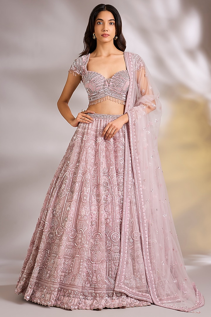 Pink Net Sequins Embroidered Wedding Lehenga Set by Chaashni by Maansi and Ketan at Pernia's Pop Up Shop