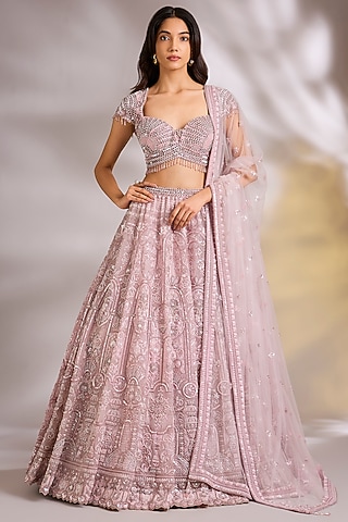 Pink Net Sequins Embroidered Lehenga Set by Chaashni by Maansi and Ketan