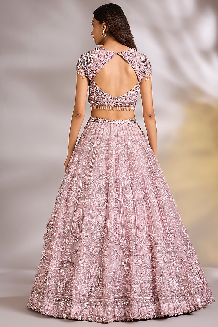 Pink Net Sequins Embroidered Wedding Lehenga Set by Chaashni by Maansi and Ketan at Pernia's Pop Up Shop
