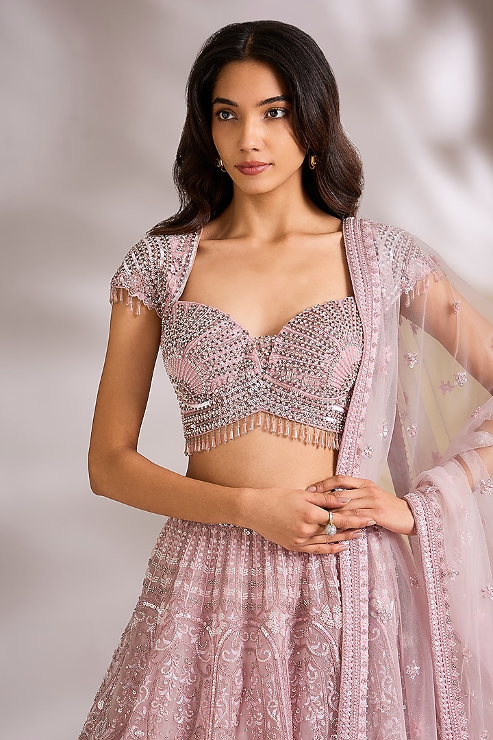 Pink Net Sequins Embroidered Wedding Lehenga Set by Chaashni by Maansi and Ketan at Pernia's Pop Up Shop