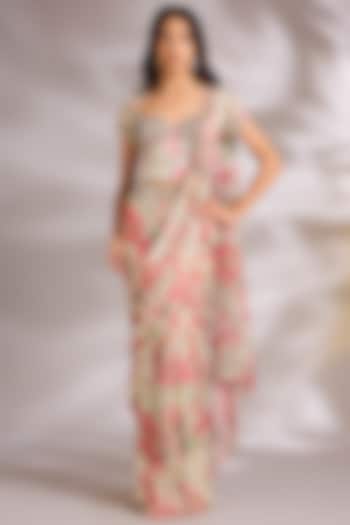 Cream Chinon Chiffon Embellished Pre-Stitched Wedding Saree Set by Chaashni by Maansi and Ketan at Pernia's Pop Up Shop