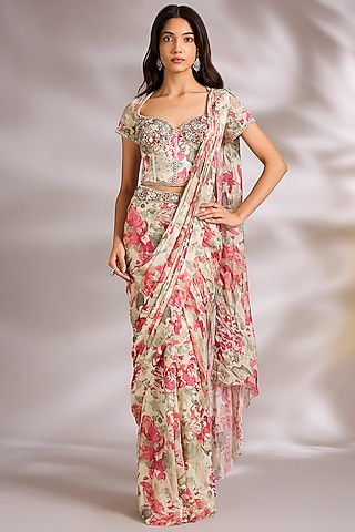 Cream Chinon Chiffon Embellished Pre-Stitched Saree Set by Chaashni by Maansi and Ketan
