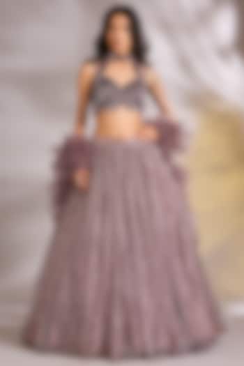 Lavender Net Sequins Embellished Wedding Lehenga Set by Chaashni by Maansi and Ketan at Pernia's Pop Up Shop