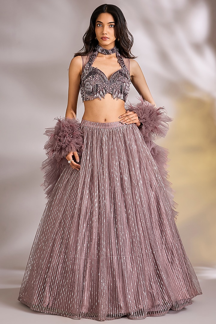 Lavender Net Sequins Embellished Wedding Lehenga Set by Chaashni by Maansi and Ketan at Pernia's Pop Up Shop
