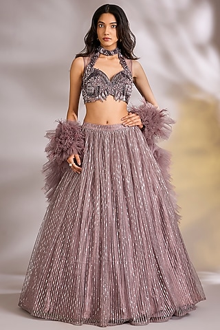 Lavender Net Sequins Embellished Lehenga Set by Chaashni by Maansi and Ketan