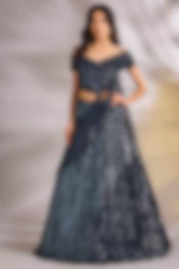 Navy Blue Net Sequins Embellished Draped Wedding Lehenga Set by Chaashni by Maansi and Ketan at Pernia's Pop Up Shop