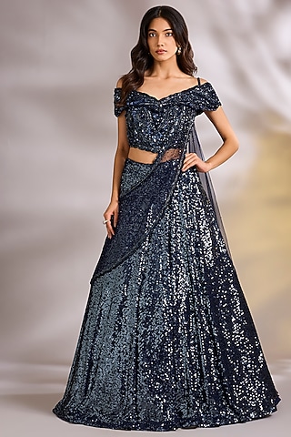 Navy Blue Net Sequins Embellished Draped Lehenga Set by Chaashni by Maansi and Ketan