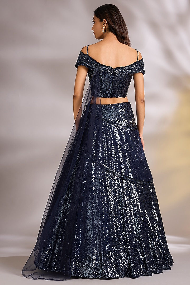 Navy Blue Net Sequins Embellished Draped Wedding Lehenga Set by Chaashni by Maansi and Ketan at Pernia's Pop Up Shop