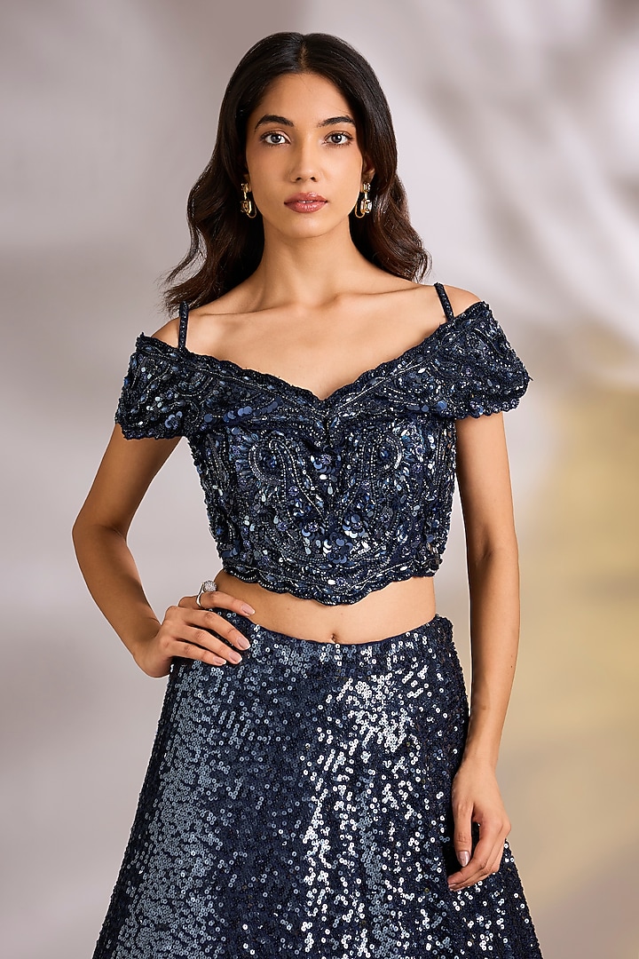 Navy Blue Net Sequins Embellished Draped Wedding Lehenga Set by Chaashni by Maansi and Ketan at Pernia's Pop Up Shop