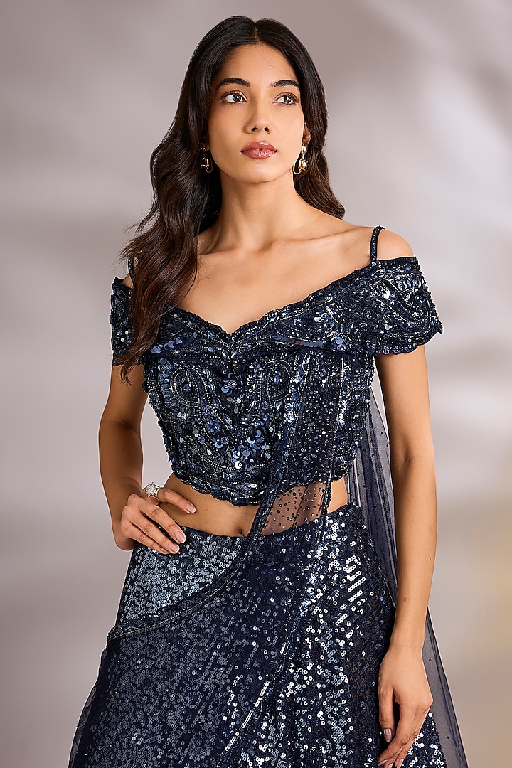Navy Blue Net Sequins Embellished Draped Wedding Lehenga Set by Chaashni by Maansi and Ketan at Pernia's Pop Up Shop