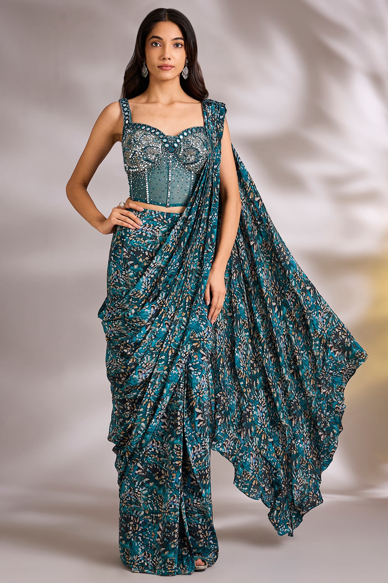 Chaashni by Maansi and Ketan Blue Net Sequins Embellished Pre-Stitched Saree Set