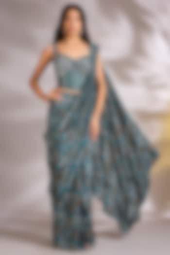 Blue Net Sequins Embellished Pre-Stitched Party Wear Saree Set by Chaashni by Maansi and Ketan at Pernia's Pop Up Shop