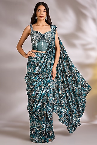Blue Net Sequins Embellished Pre-Stitched Saree Set by Chaashni by Maansi and Ketan