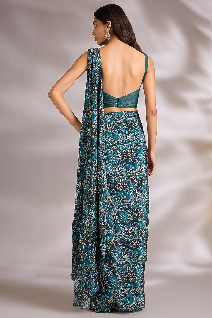 Blue Net Sequins Embellished Pre-Stitched Party Wear Saree Set by Chaashni by Maansi and Ketan at Pernia's Pop Up Shop
