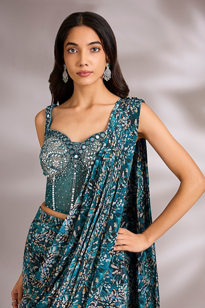 Blue Net Sequins Embellished Pre-Stitched Party Wear Saree Set by Chaashni by Maansi and Ketan at Pernia's Pop Up Shop