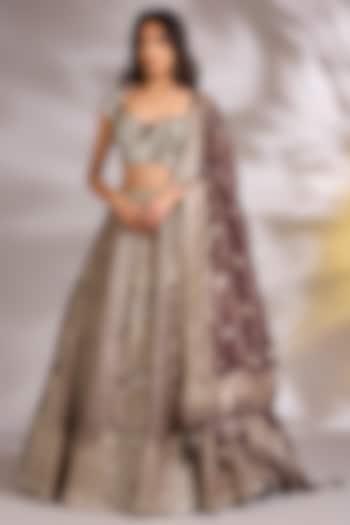 Brown Chanderi Silk Mirror Embellished Wedding Lehenga Set by Chaashni by Maansi and Ketan at Pernia's Pop Up Shop