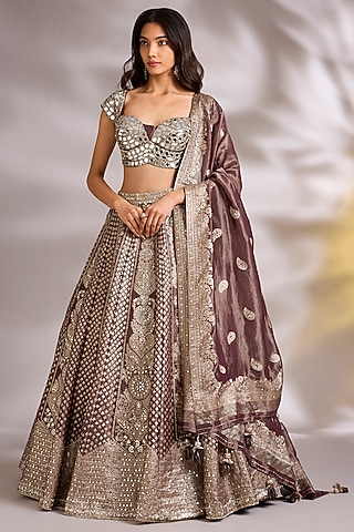 Brown Chanderi Silk Mirror Embellished Lehenga Set by Chaashni by Maansi and Ketan