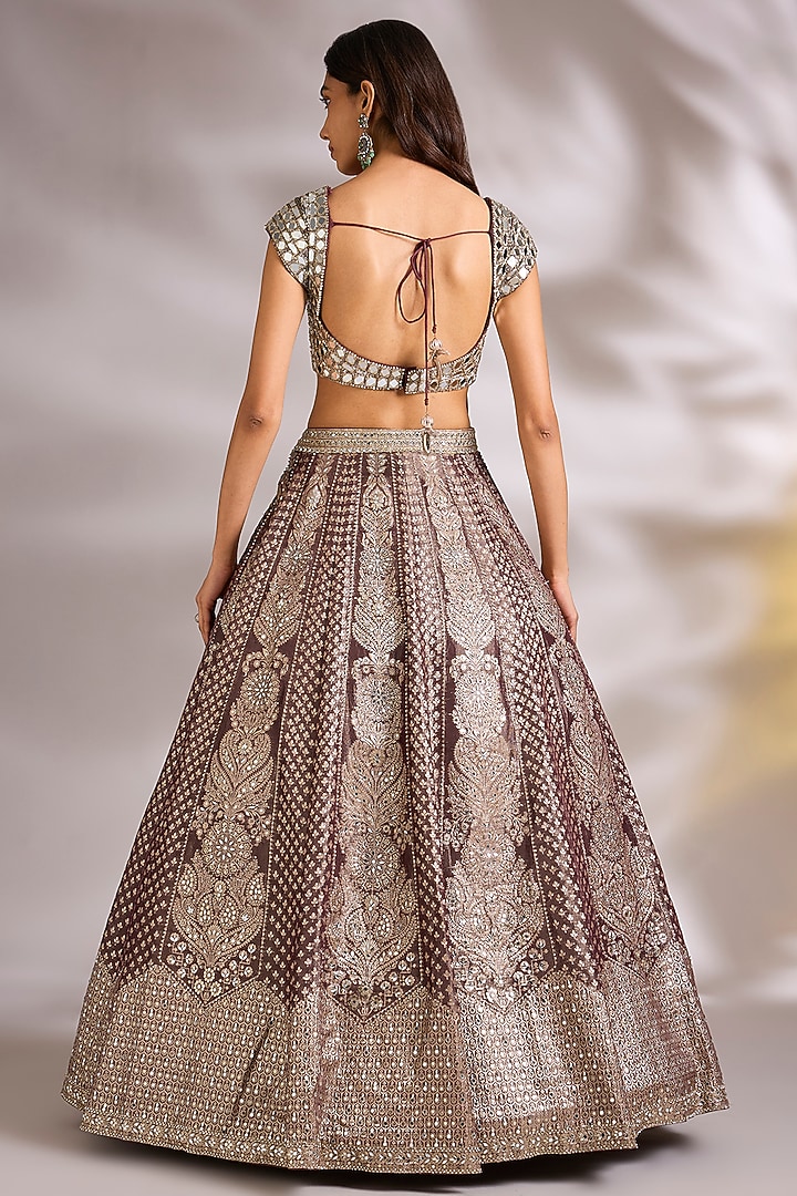 Brown Chanderi Silk Mirror Embellished Wedding Lehenga Set by Chaashni by Maansi and Ketan at Pernia's Pop Up Shop