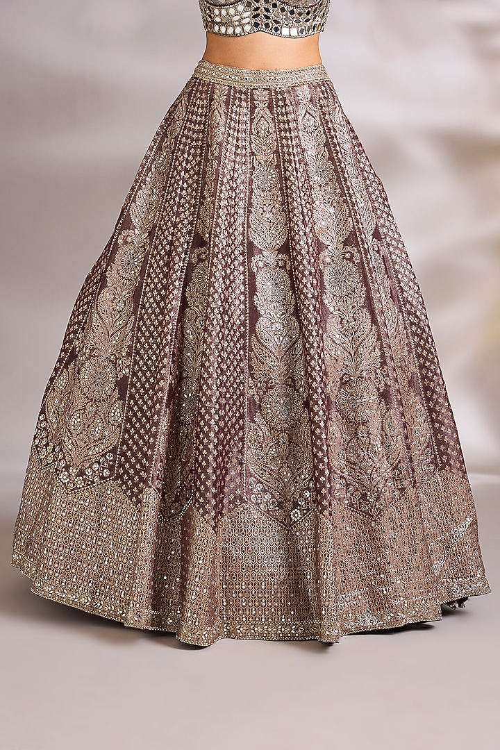 Brown Chanderi Silk Mirror Embellished Wedding Lehenga Set by Chaashni by Maansi and Ketan at Pernia's Pop Up Shop