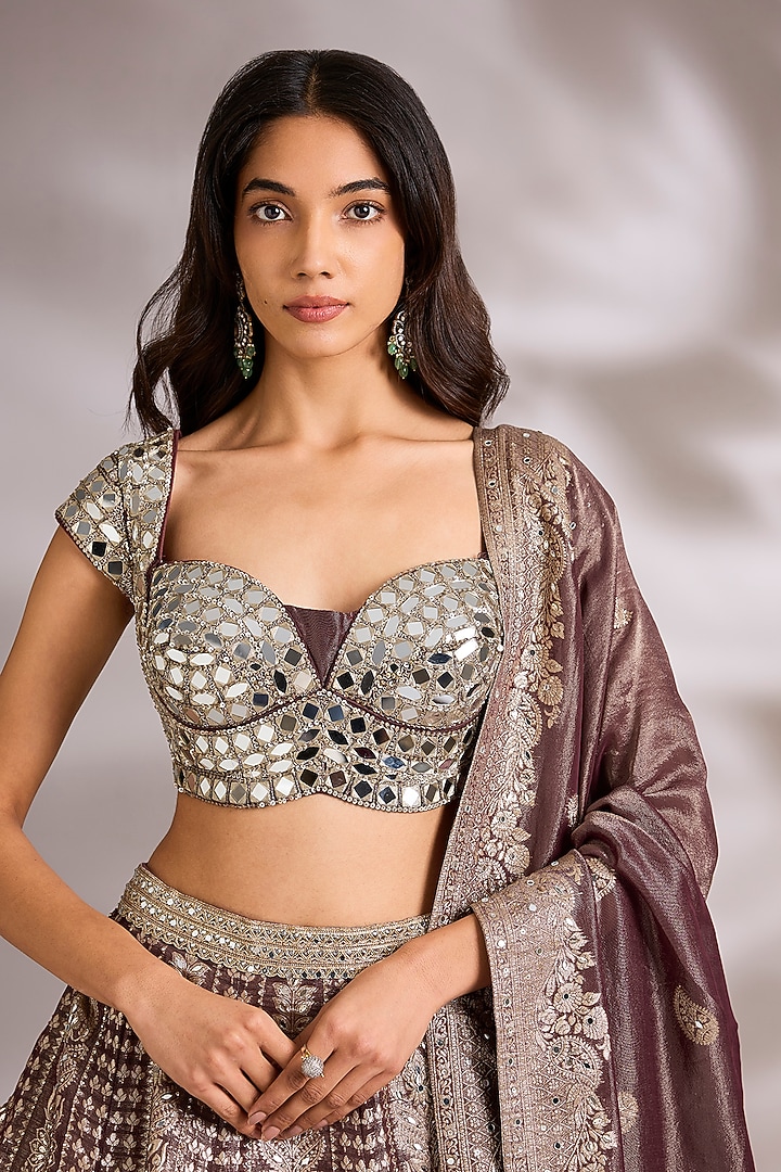 Brown Chanderi Silk Mirror Embellished Wedding Lehenga Set by Chaashni by Maansi and Ketan at Pernia's Pop Up Shop