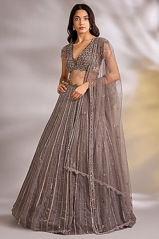Champagne Organza Sequins Embellished Lehenga Set by Chaashni by Maansi and Ketan