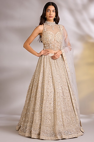 Ivory Net Sequins Embellished Lehenga Set by Chaashni by Maansi and Ketan