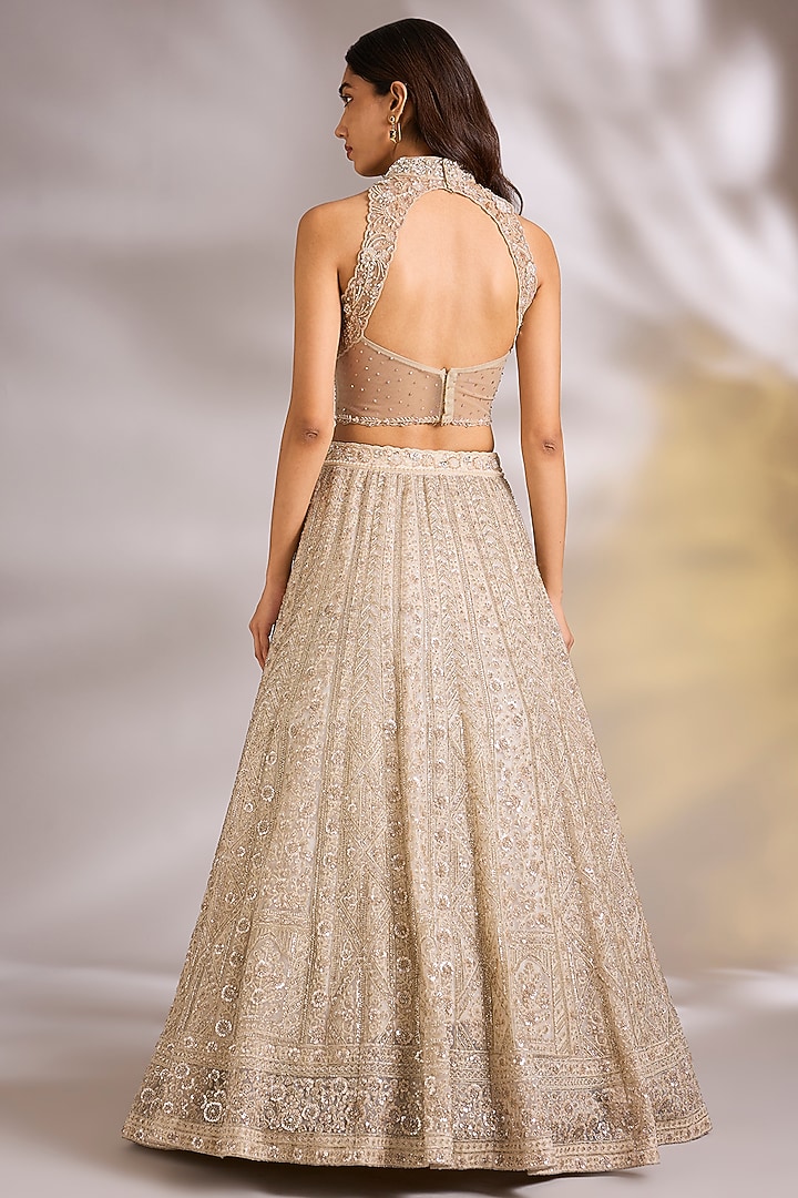 Ivory Net Sequins Embellished Wedding Lehenga Set by Chaashni by Maansi and Ketan at Pernia's Pop Up Shop
